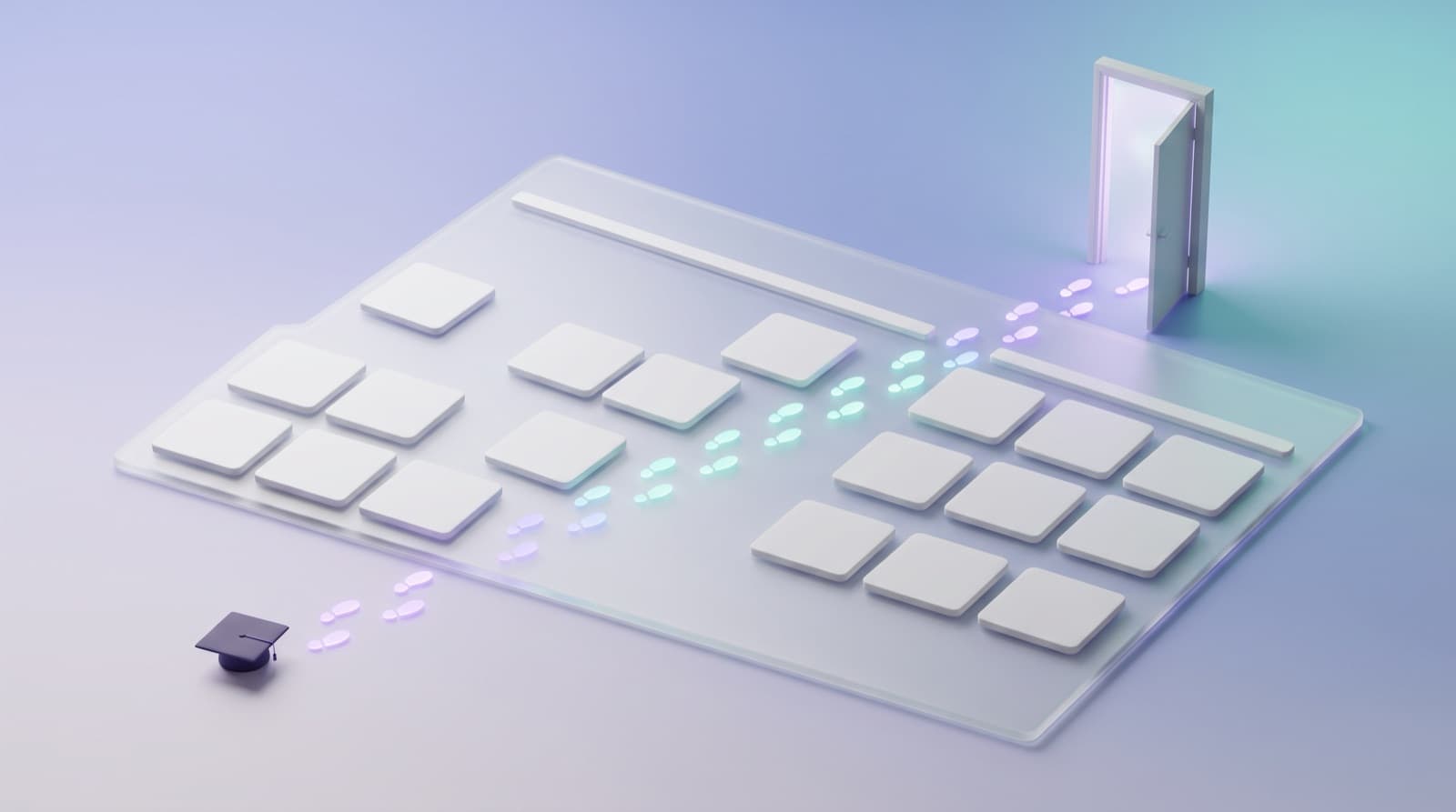 Illustration of glowing footsteps crossing a frosted-glass calendar from a graduation cap toward an open, lit doorway