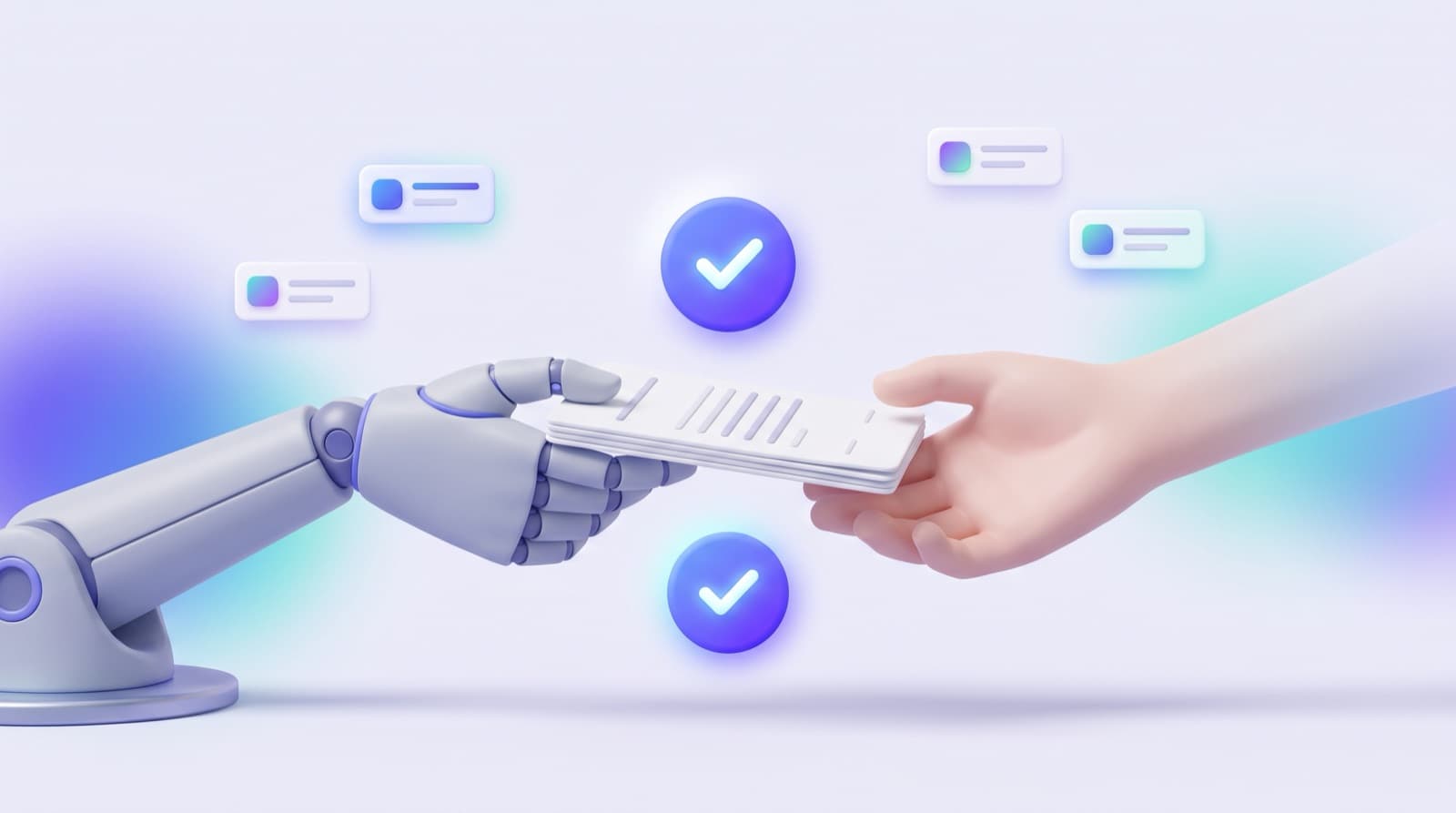 Illustration of a robotic hand passing a stack of documents to a human hand, with check marks between them
