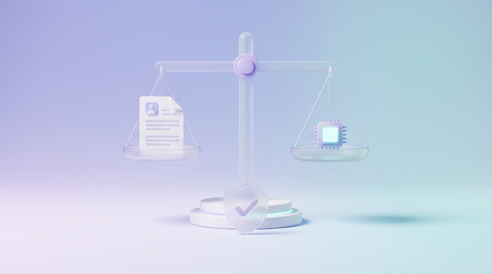 Illustration of a glass balance scale holding a resume on one side and a glowing microchip on the other, with a small shield