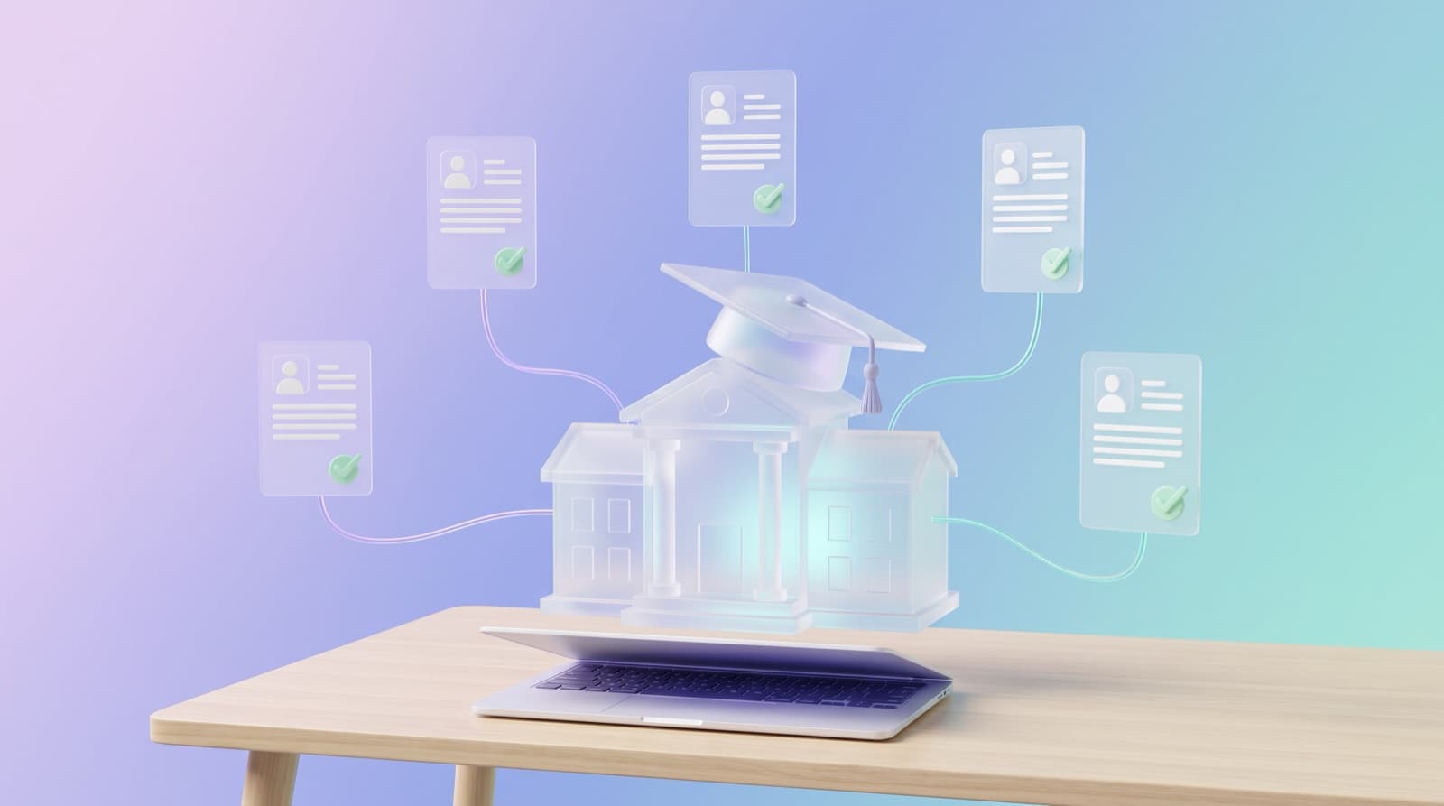 Illustration of a glass university building with a graduation cap, linked by glowing lines to floating resume cards with check marks above a laptop