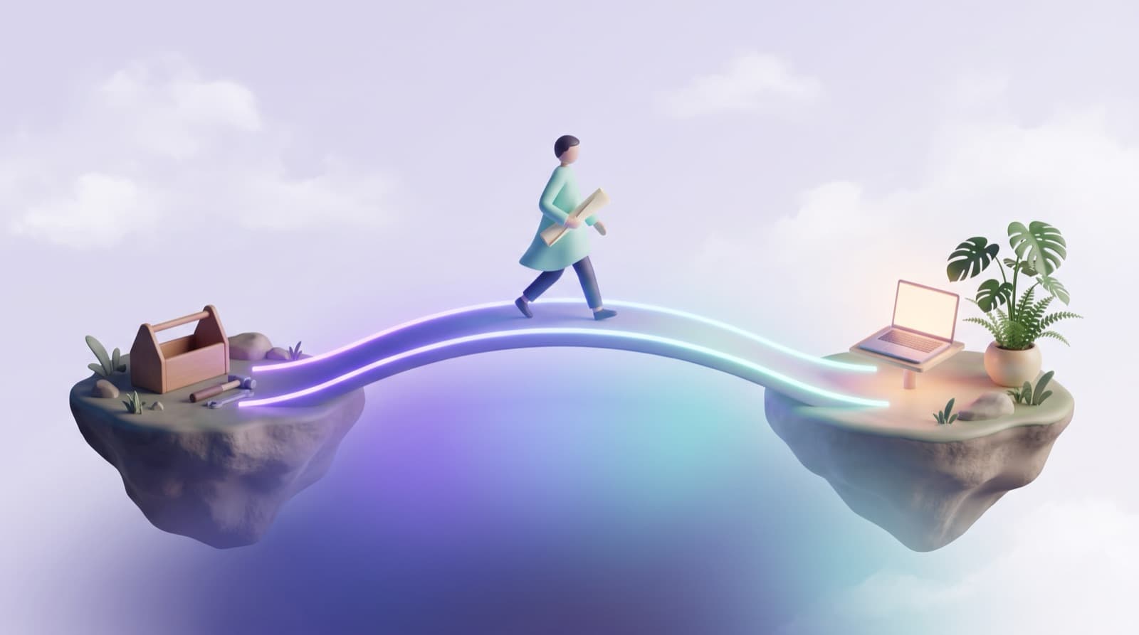 Illustration of a person crossing a glowing bridge from an island with a toolbox to an island with a laptop