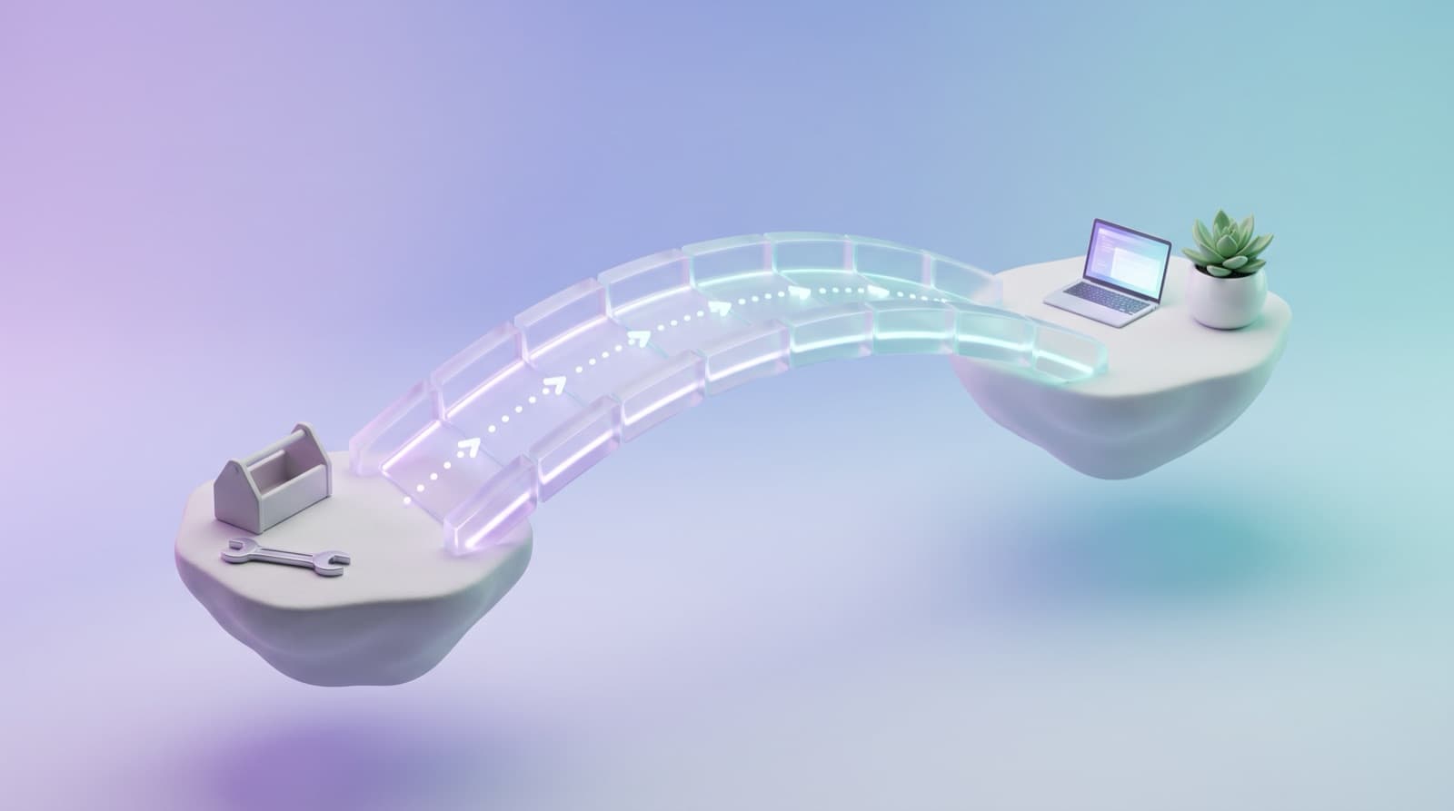 Illustration of a glowing glass bridge connecting a floating island with a toolbox to one with a laptop and a plant