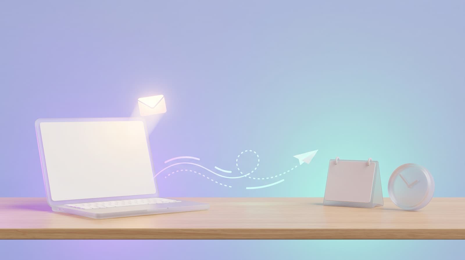 Illustration of a laptop sending a glowing envelope along a paper airplane trail toward a desk calendar and a clock