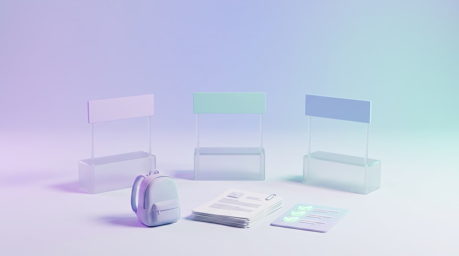Illustration of three small glass career fair booths with blank banners, a backpack, a stack of resumes and a checklist