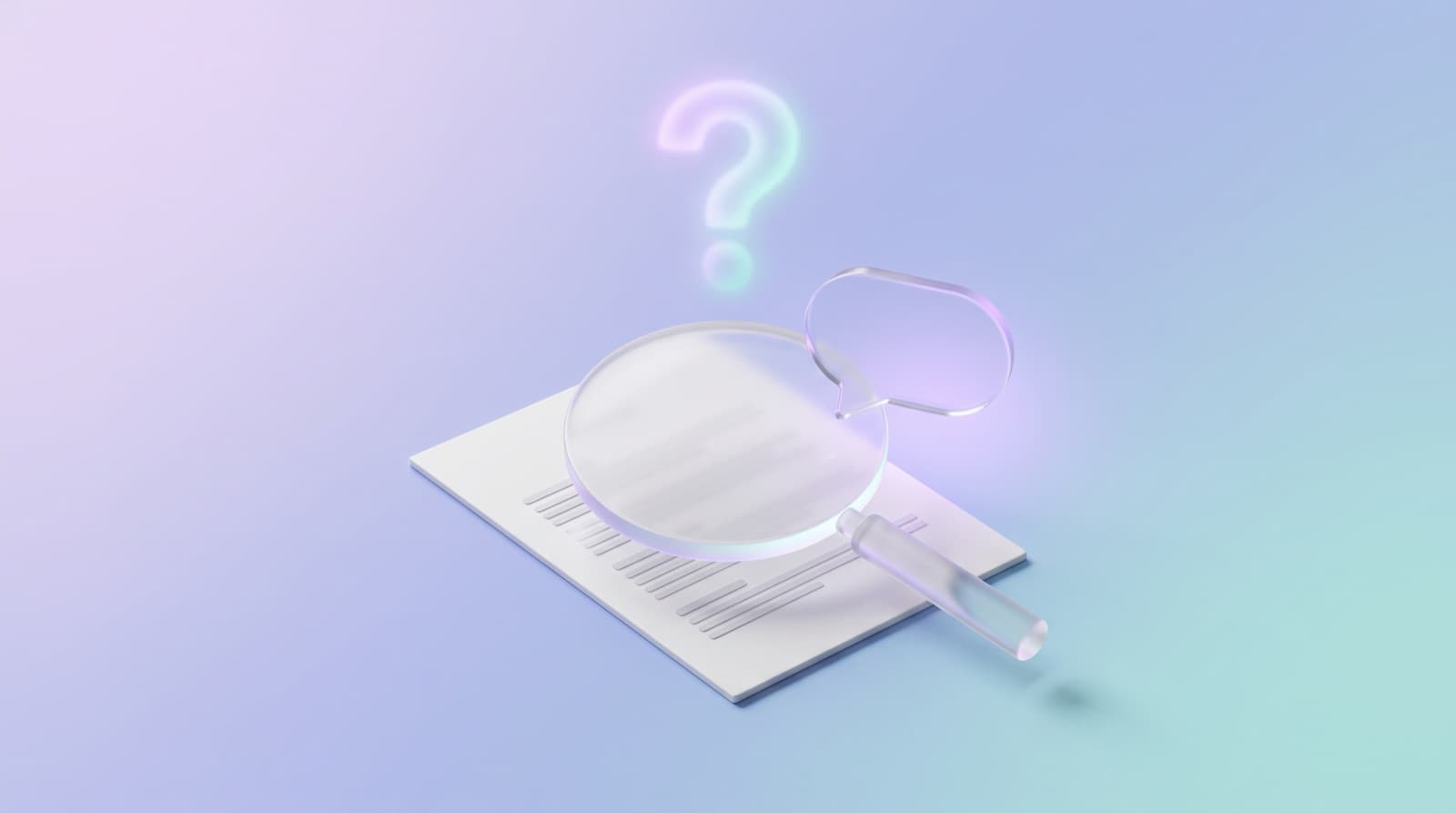 Illustration of a frosted-glass magnifying glass over a resume page, with an empty chat bubble beside it and a glowing question mark above