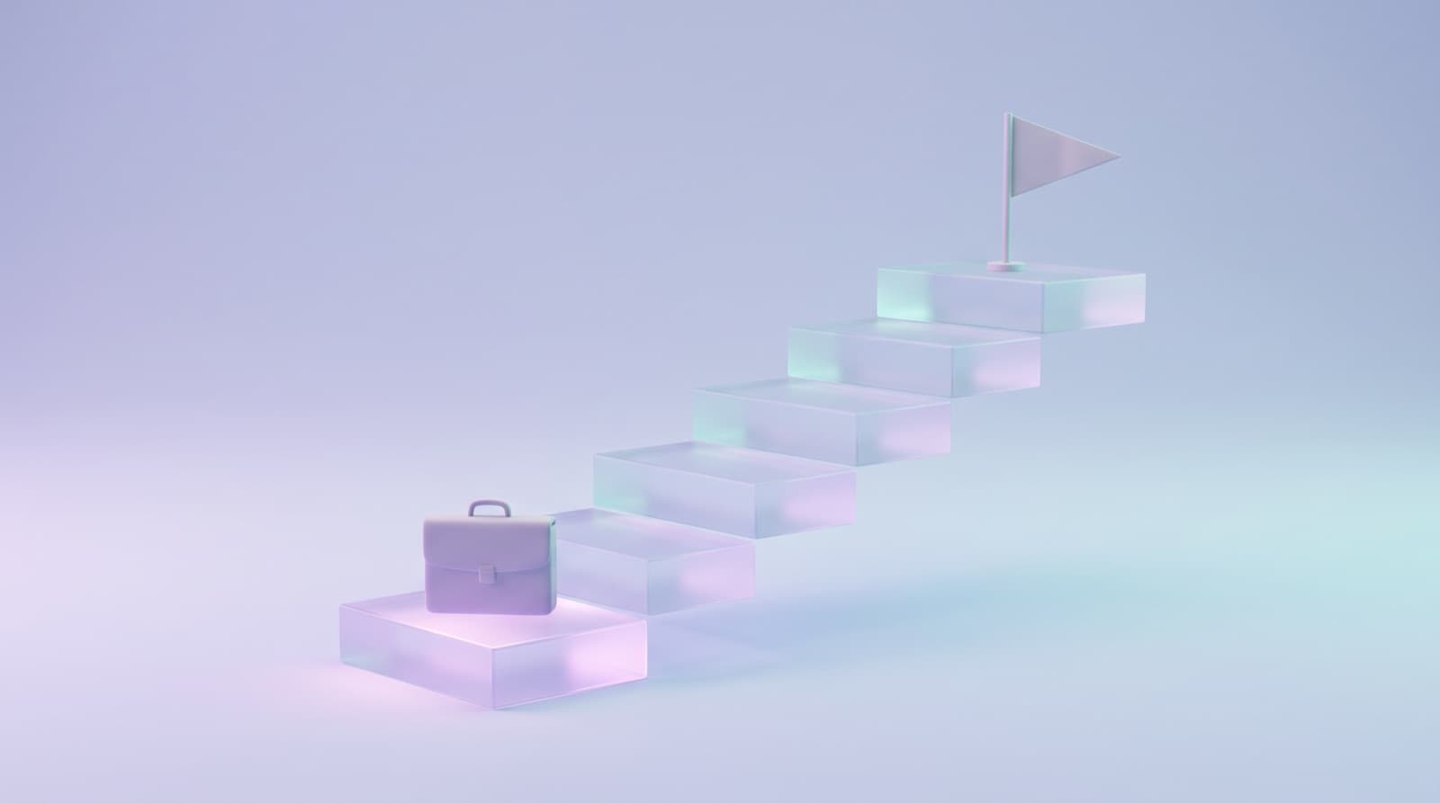 Illustration of a frosted-glass staircase rising to a small flag, with a briefcase resting on the glowing first step