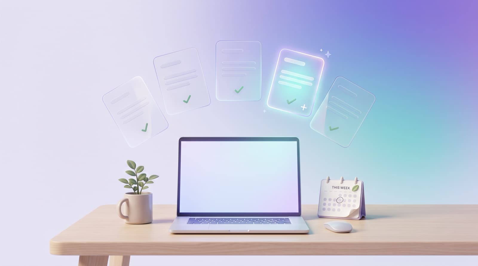 Illustration of a laptop on a desk with a calendar marked this week and a row of postings with check marks above it