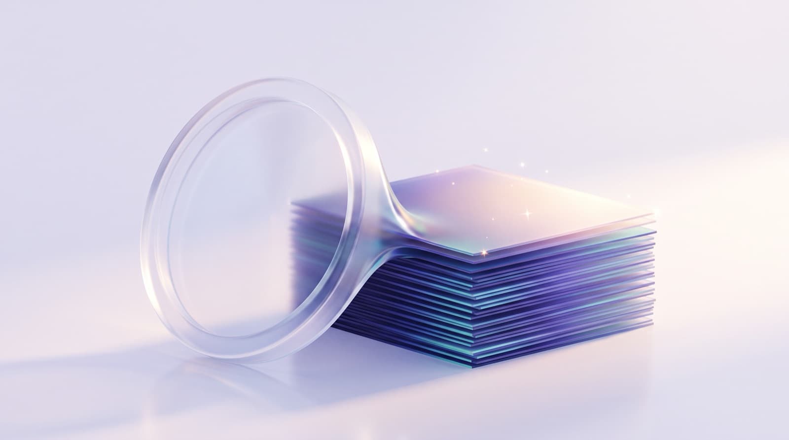 Illustration of a magnifying glass resting against a stack of fresh glass cards with a sparkle on the top one