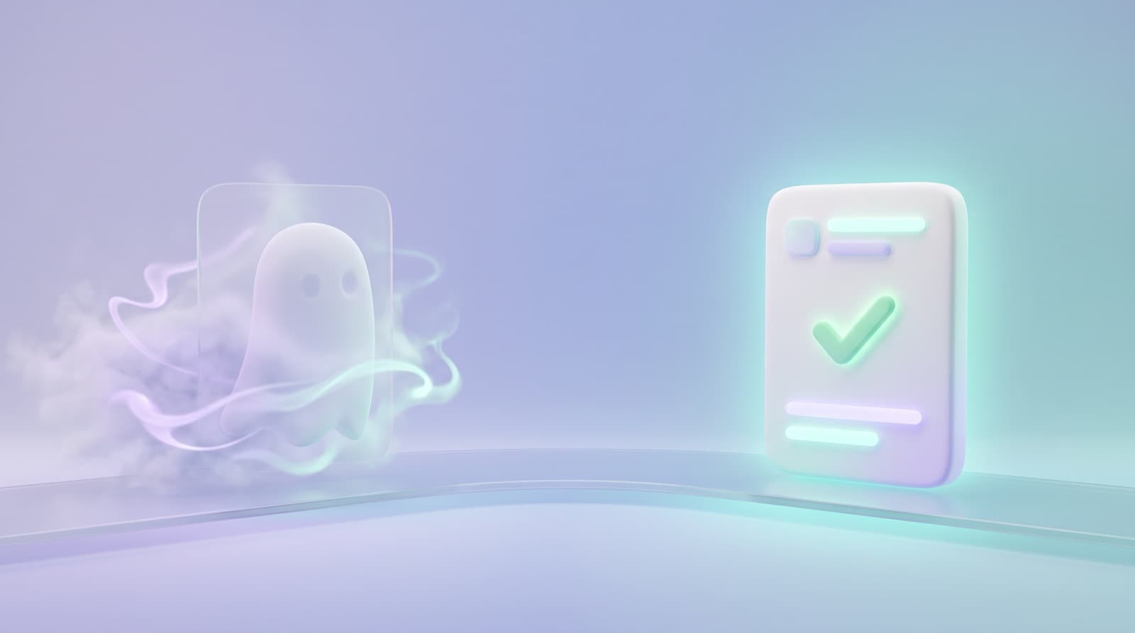 Illustration of a fading glass job card with a friendly ghost dissolving into mist, beside a solid glowing job card with a green check mark