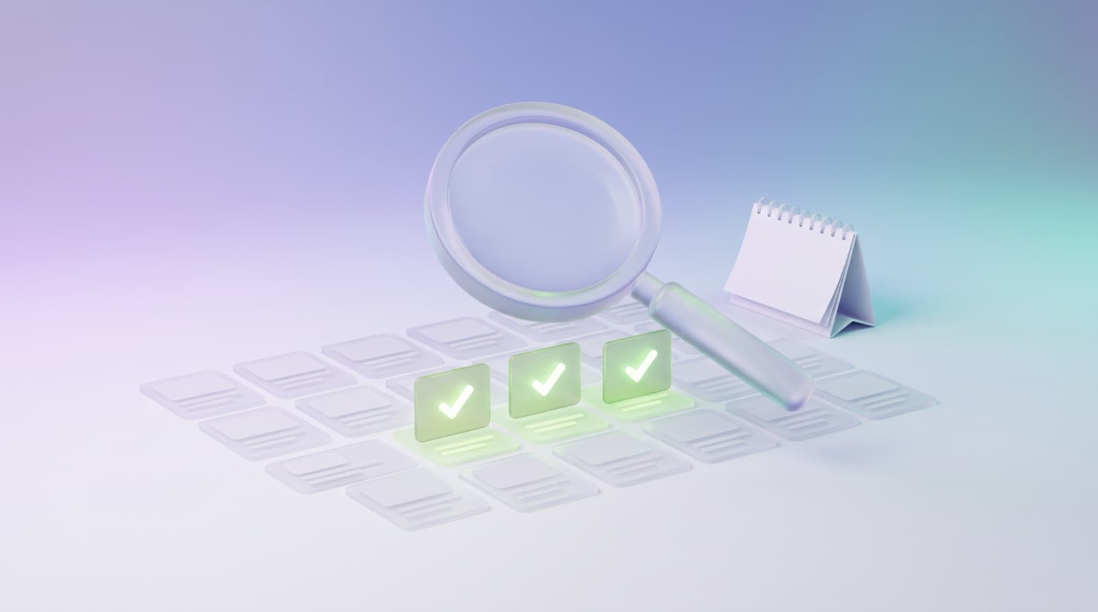 Illustration of a glass magnifying glass over a grid of job cards where three cards glow green with check marks