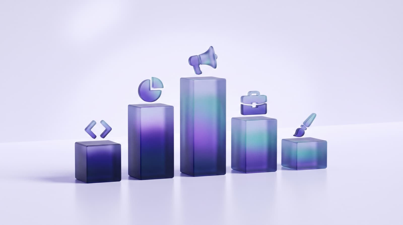 Illustration of a bar chart of glass columns topped with icons for code, data, marketing, business and design