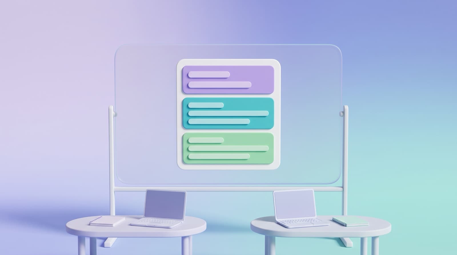 Illustration of a glass whiteboard showing a job posting split into three colored blocks, with two small desks and laptops in front