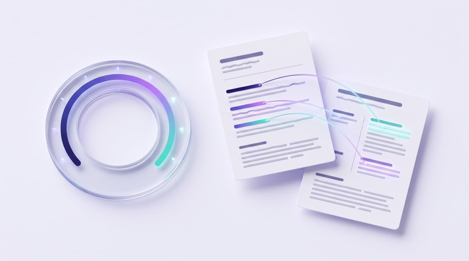 Illustration of a score dial beside a resume and a job posting, with matching lines joined between them