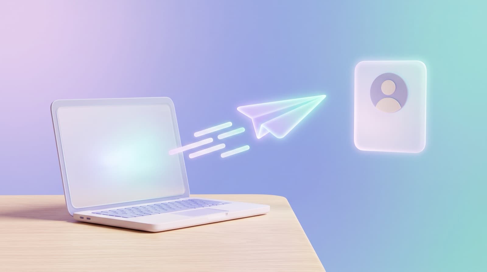 Illustration of a laptop on a wooden desk sending a glowing paper airplane toward a floating profile card