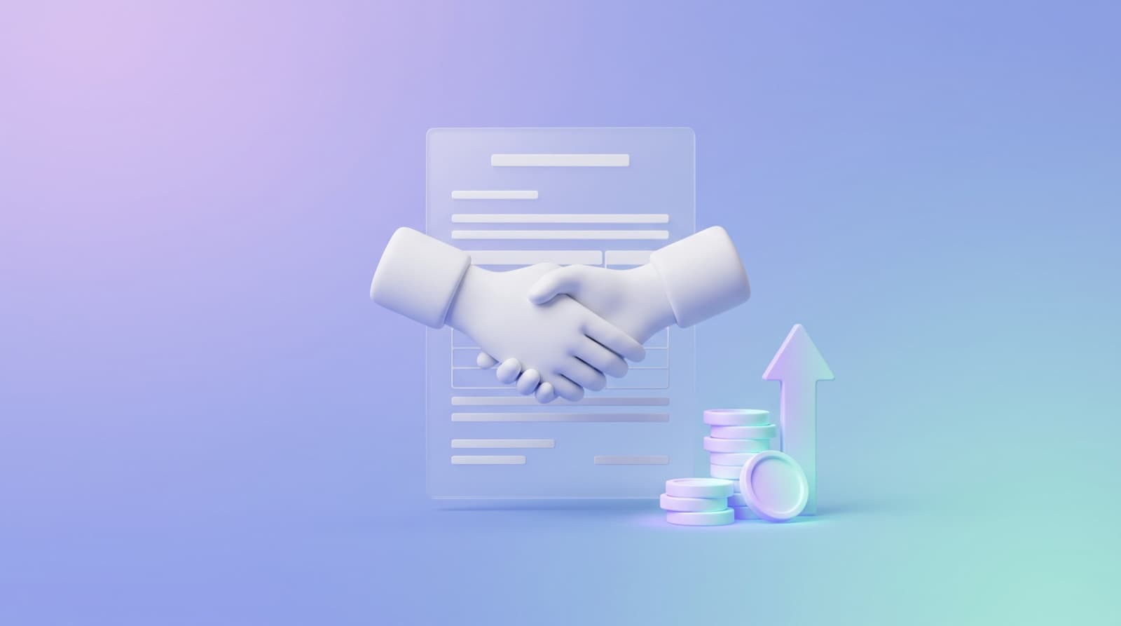 Illustration of two white hands shaking in front of a frosted-glass offer letter, beside a stack of coins and an upward arrow