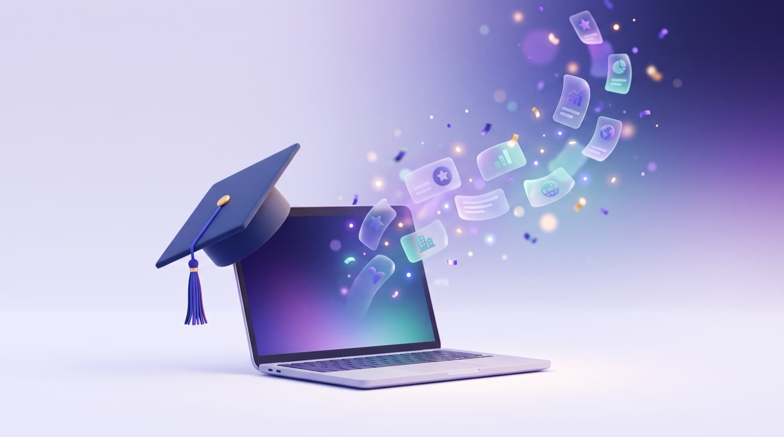Illustration of a graduation cap on a laptop with job cards streaming out of the screen
