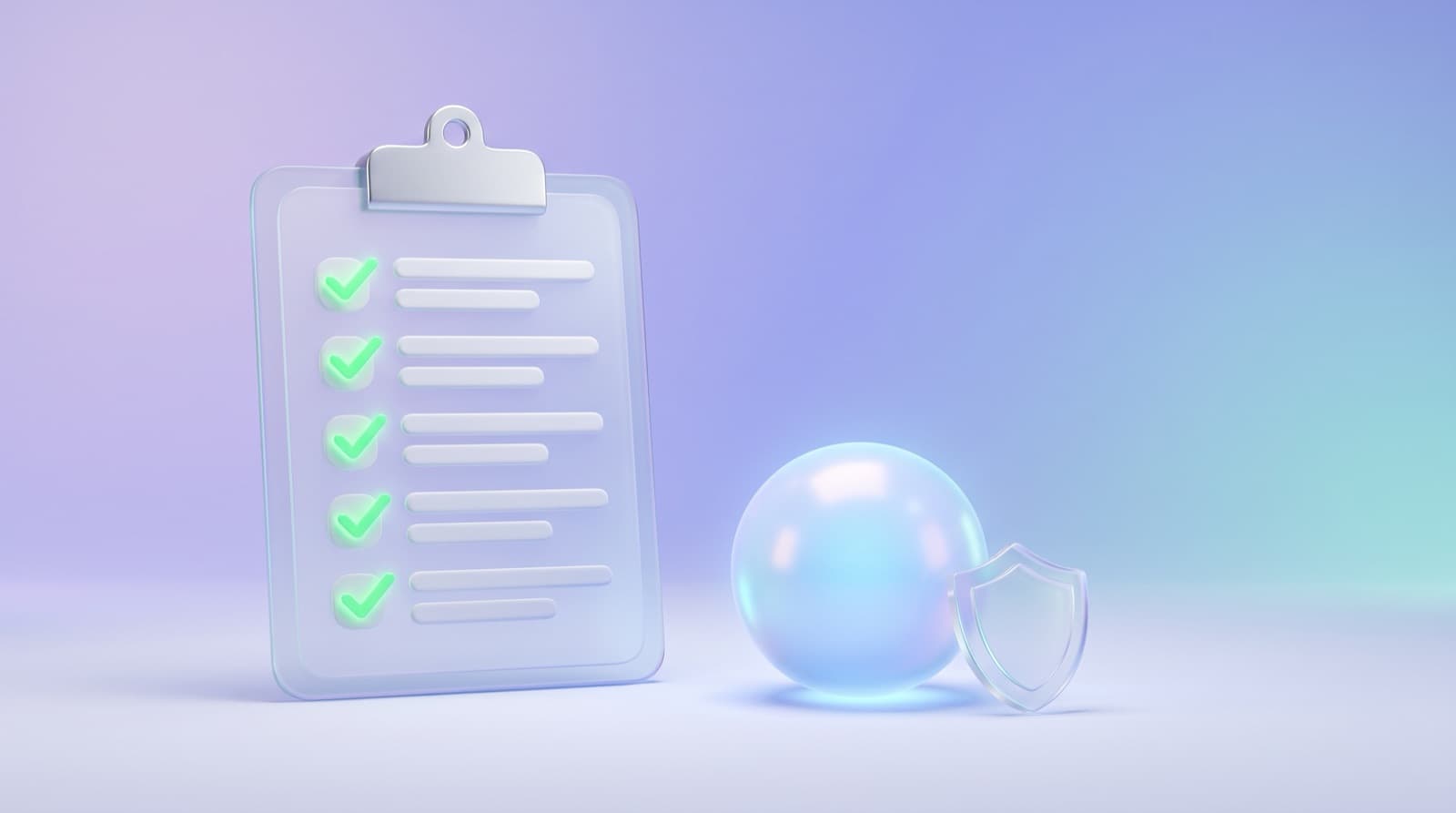 Illustration of a glass clipboard checklist with green check marks beside a glowing sphere and a small shield