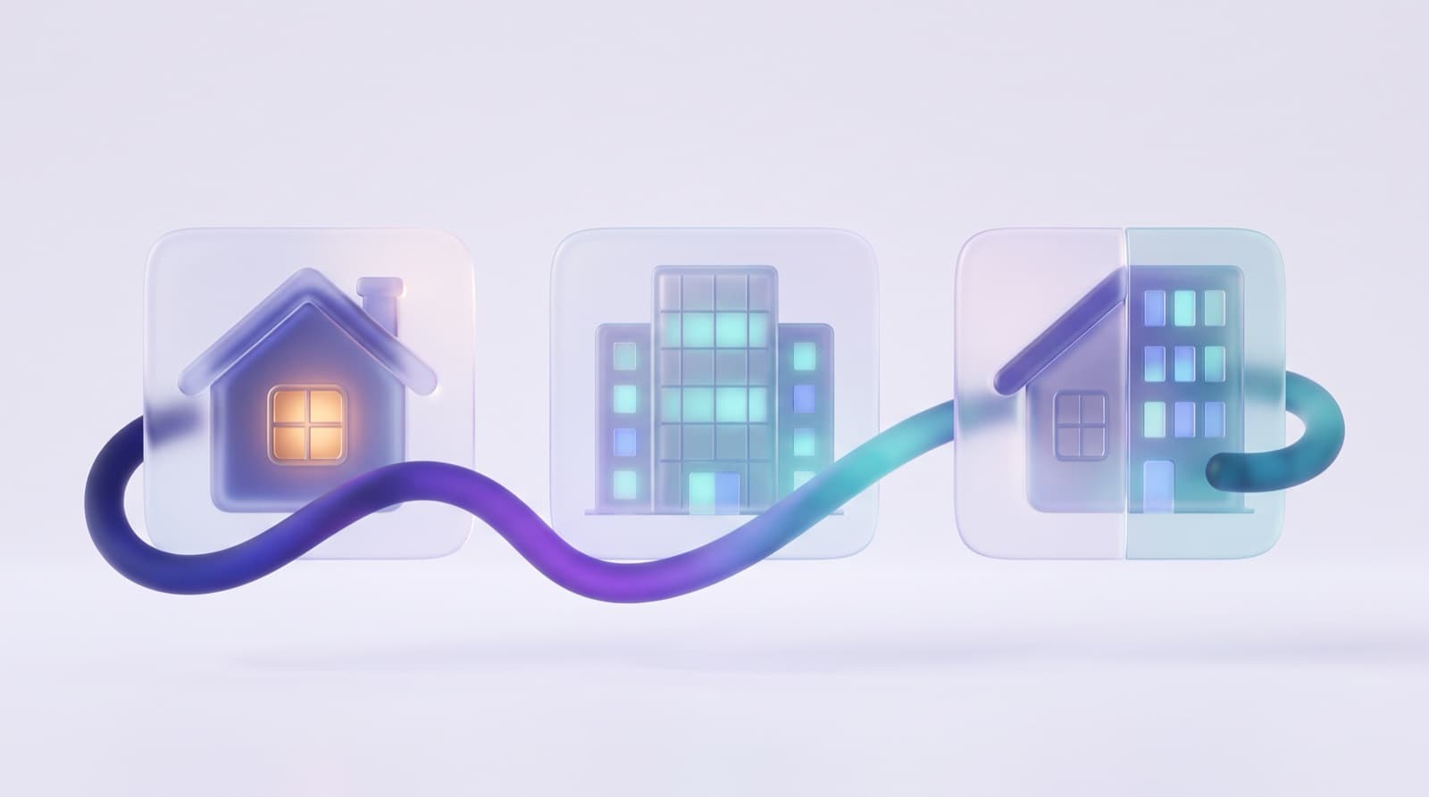 Illustration of three tiles linked by a ribbon: a house, an office building, and a house joined to an office