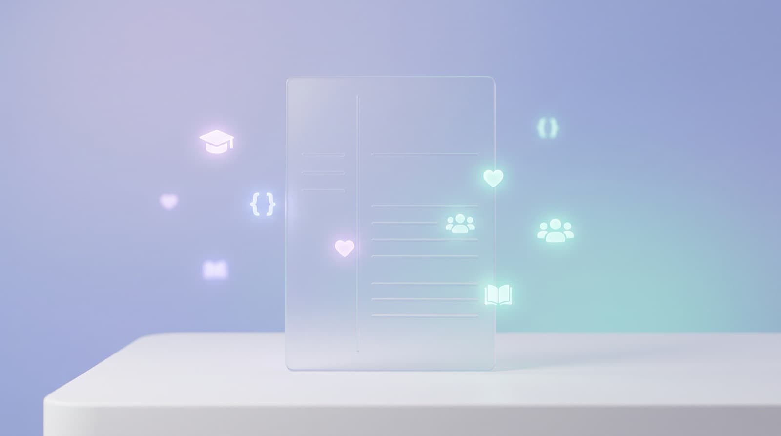 Illustration of a blank frosted-glass resume page with glowing icons of a graduation cap, code brackets, hearts, a team and a book floating onto it