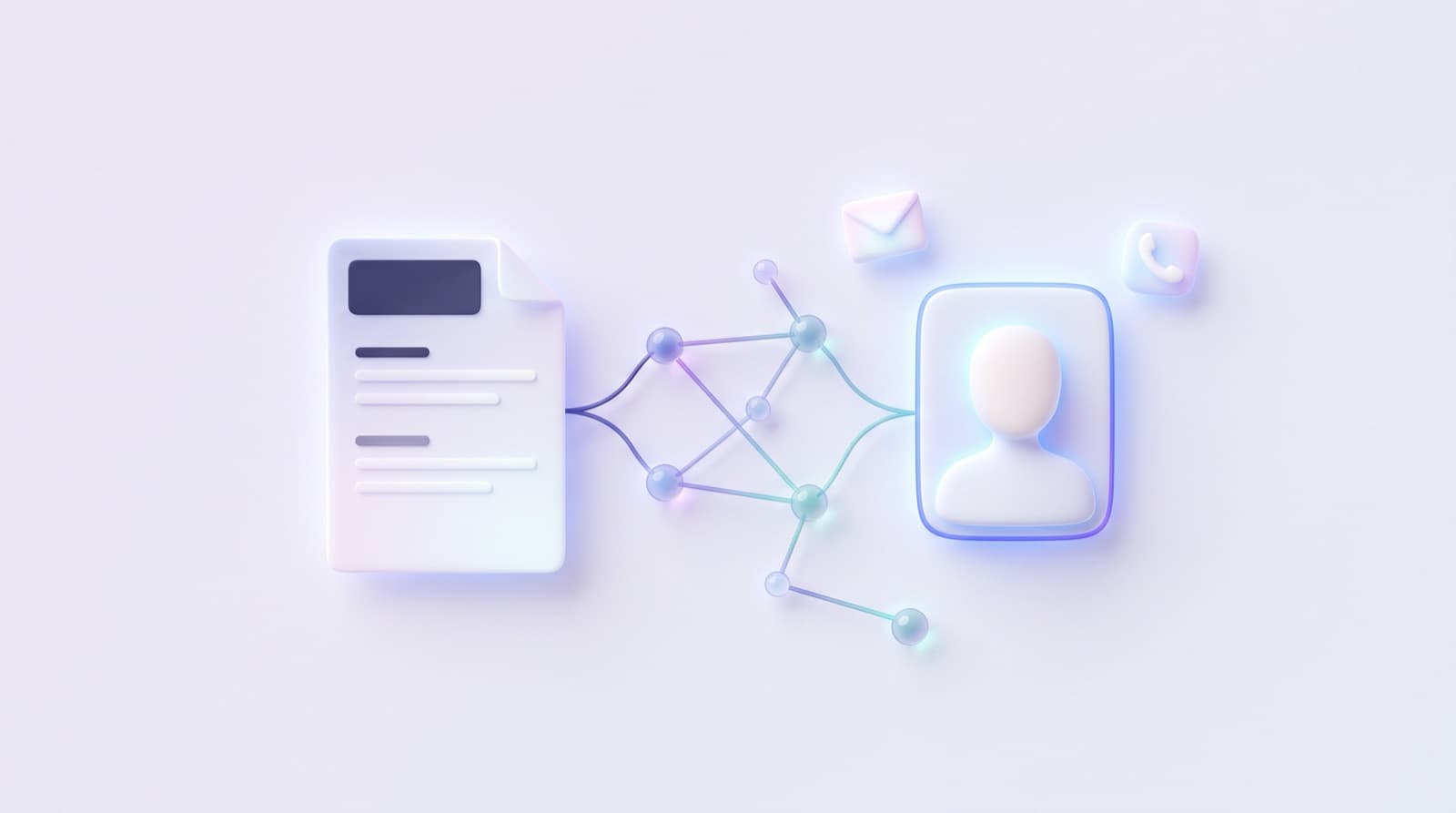 Illustration of a job posting linked through a network of points to one person, with email and phone icons