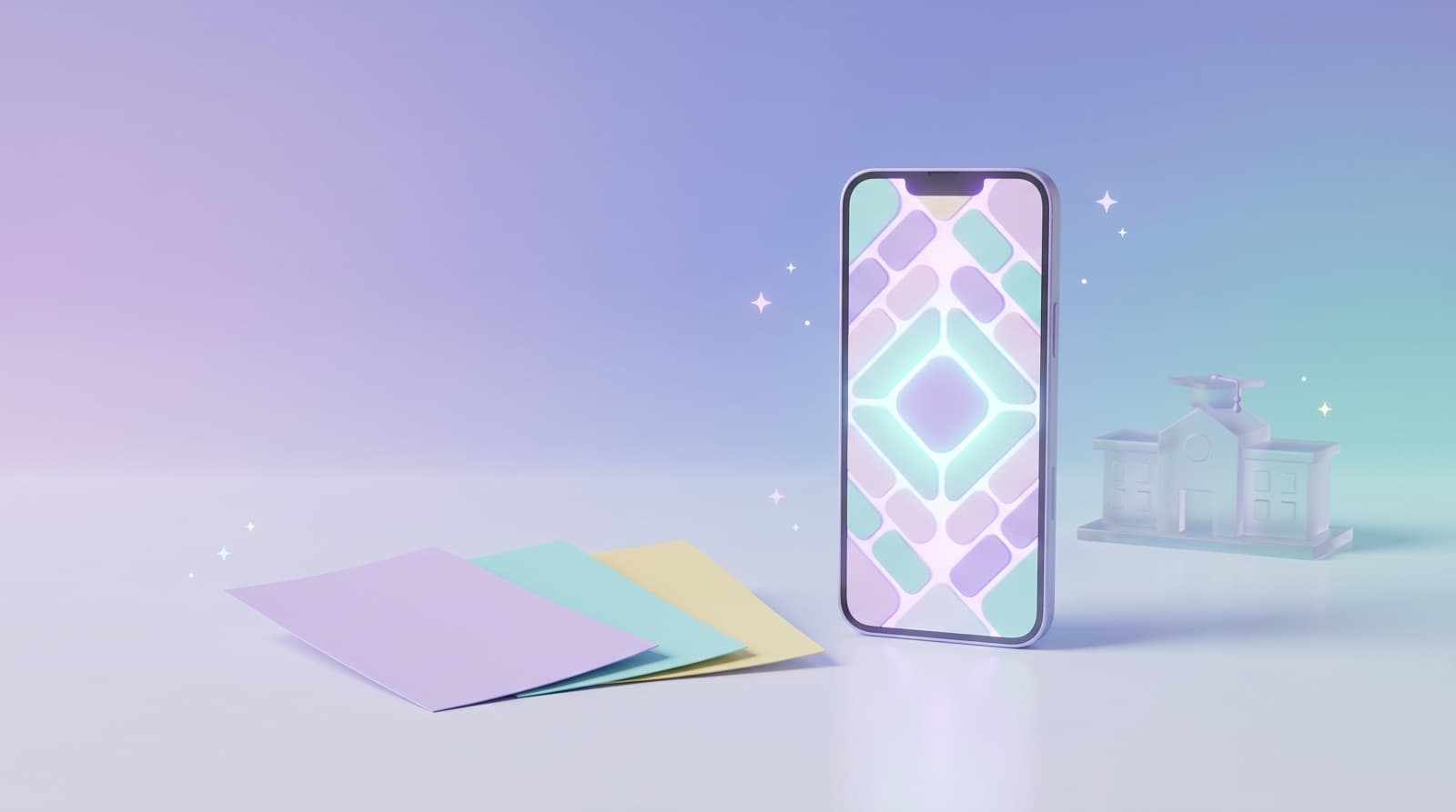 Illustration of a smartphone with a glowing abstract tile pattern beside a fan of pastel flyers and a small glass campus building