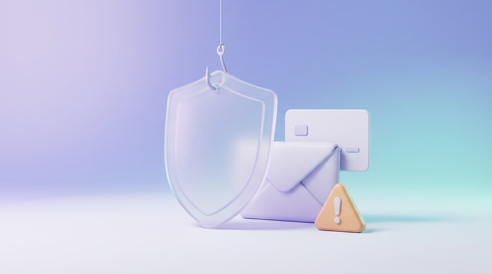 Illustration of a fishing hook caught on a frosted-glass shield that guards an envelope and a bank card, with an amber warning triangle in front