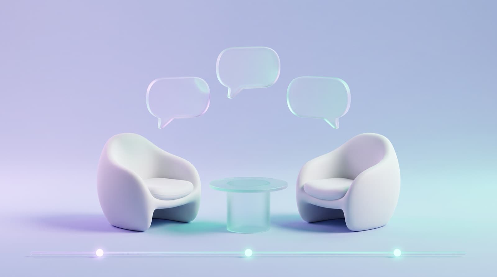 Illustration of two rounded white armchairs facing each other across a small glass table, with three empty speech bubbles arcing above