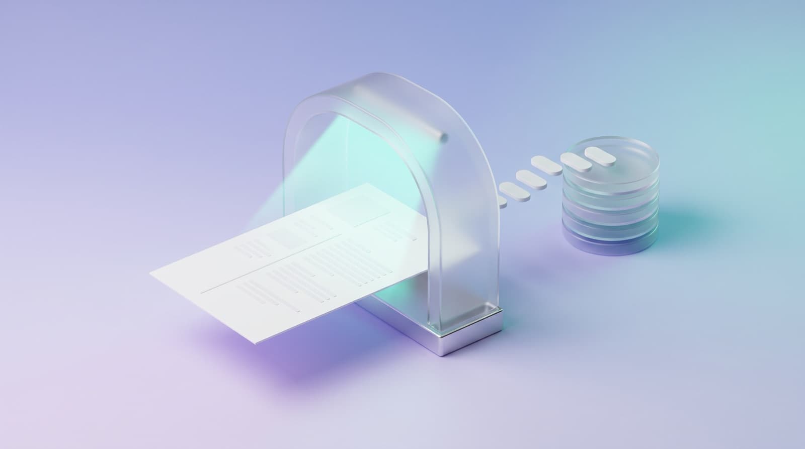 Illustration of a resume page sliding through a frosted-glass scanning arch, with blank keyword pills lining up toward a stack of glass database discs