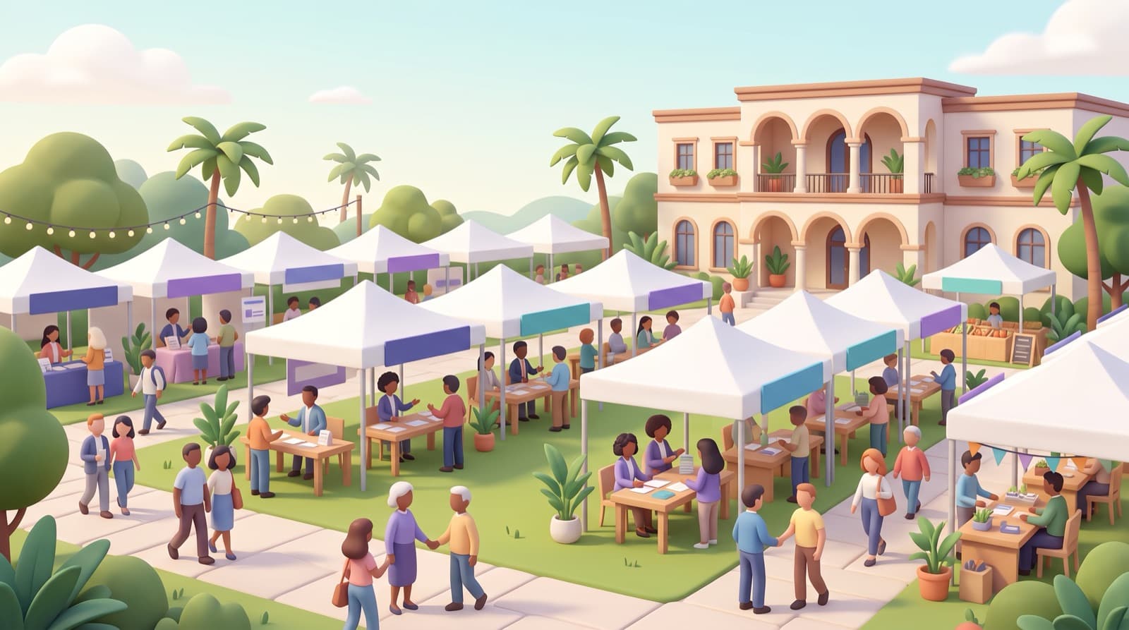 Illustration of job seekers talking with staff at tented booths in a sunny plaza at a career expo