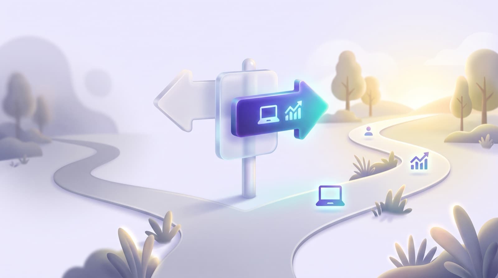 Illustration of a signpost at a fork in a path, pointing toward a new route marked with work icons