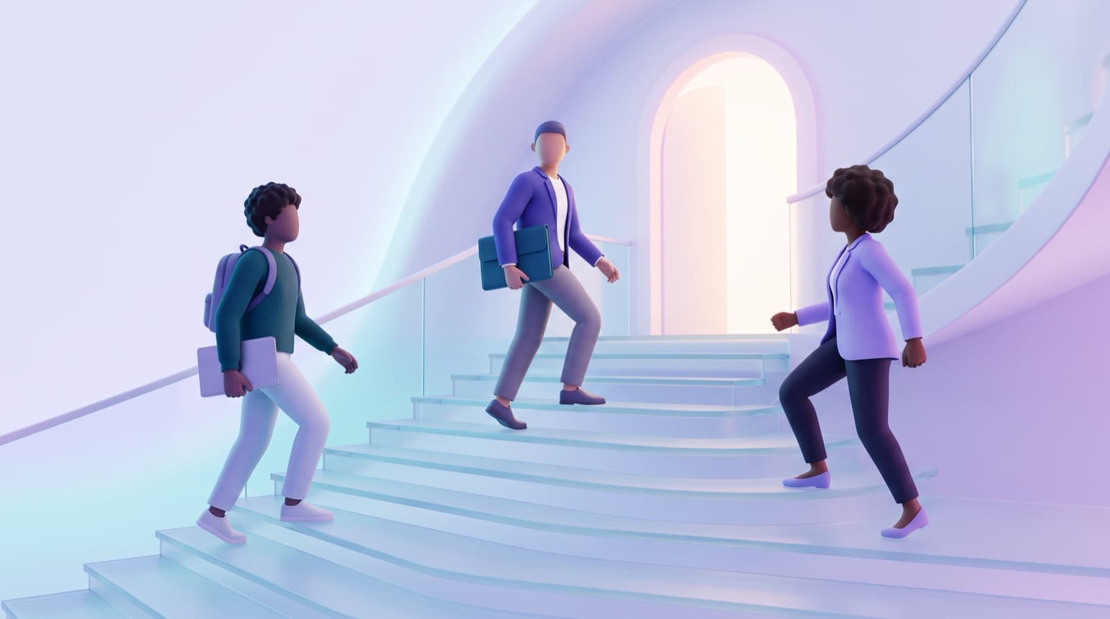 Illustration of three young professionals climbing a bright staircase toward an open doorway