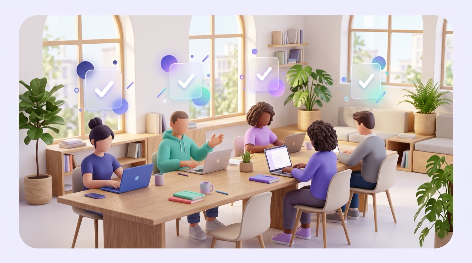 Illustration of students working on laptops around a long table, with check marks floating above them