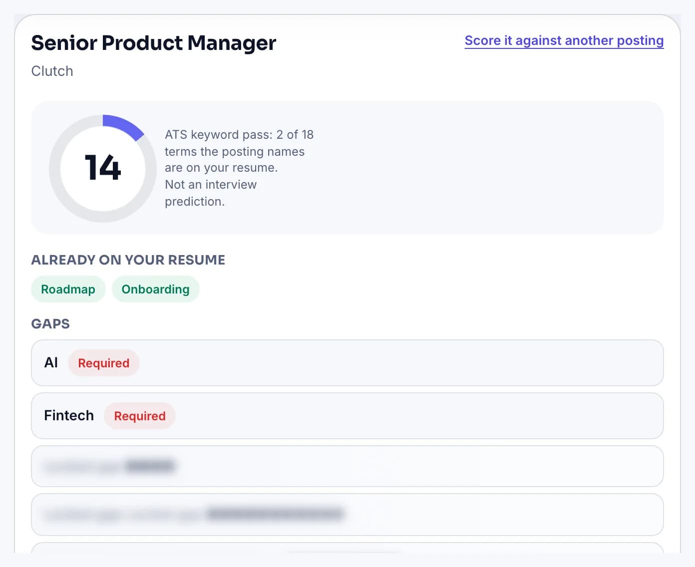 Carir's resume check on carir.ai for a Senior Product Manager posting: a keyword score of 14 from 2 of 18 terms, the terms already on the resume, two named gaps marked required, and the rest locked until sign-up.