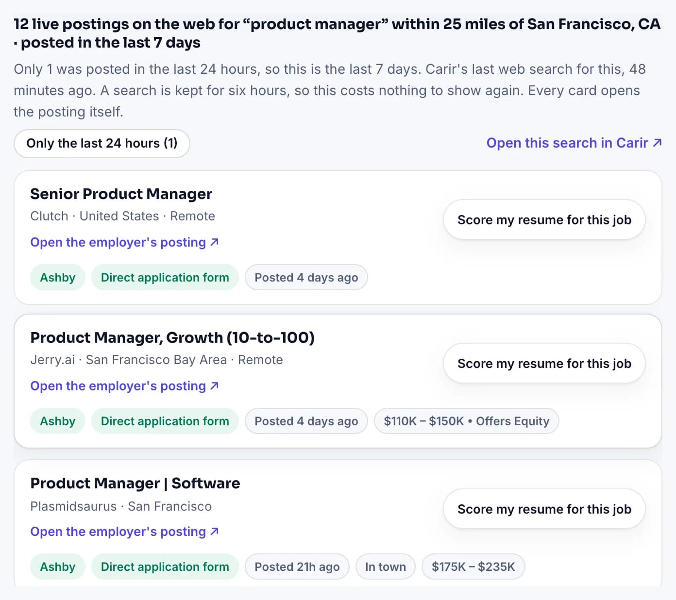 Carir search results for product manager within 25 miles of San Francisco: postings read from employers' own Ashby, Greenhouse and Lever boards, each marked with a direct application form, the time it was posted and the stated pay.