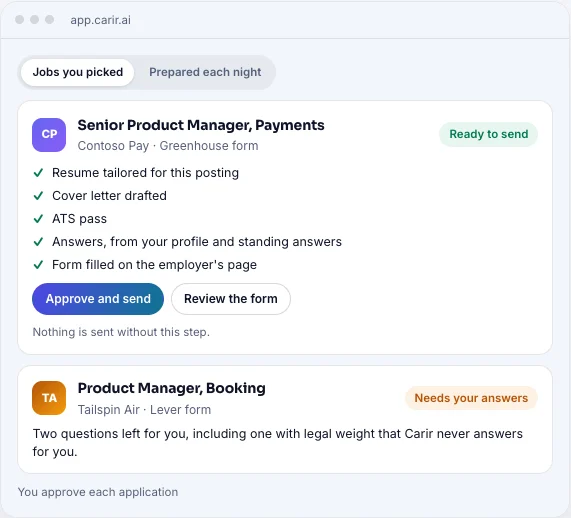 An example Auto Apply review screen: a prepared application with its tailored resume, cover letter, answers and filled form, an Approve and send button, and a second application waiting for the member's answers.