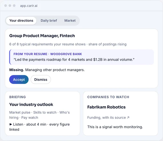 An example of Career Coach and the briefing: a direction with the requirements the resume shows and what is missing, the daily industry outlook, and a company to watch with its signal.