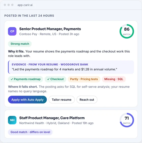 An example Matches card: a Senior Product Manager role rated a strong match, why it fits, an evidence line quoted from the resume, requirement chips marked shown, partly and missing, and where it falls short.
